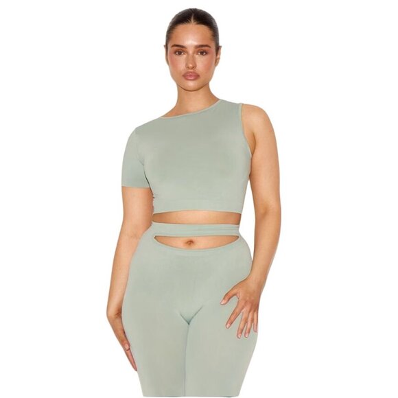 PrettyLittleThing Shape Sage Green Soft Seamless One Sleeve Crop Top -Size Small - Picture 1 of 7